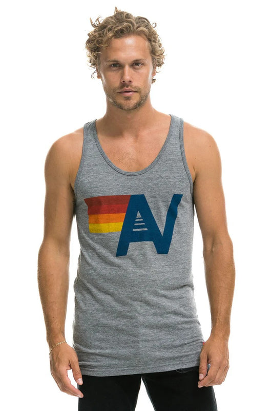 Men’s vintage-inspired logo tank top made from lightweight tri-blend fabric, perfect for casual and comfortable wear